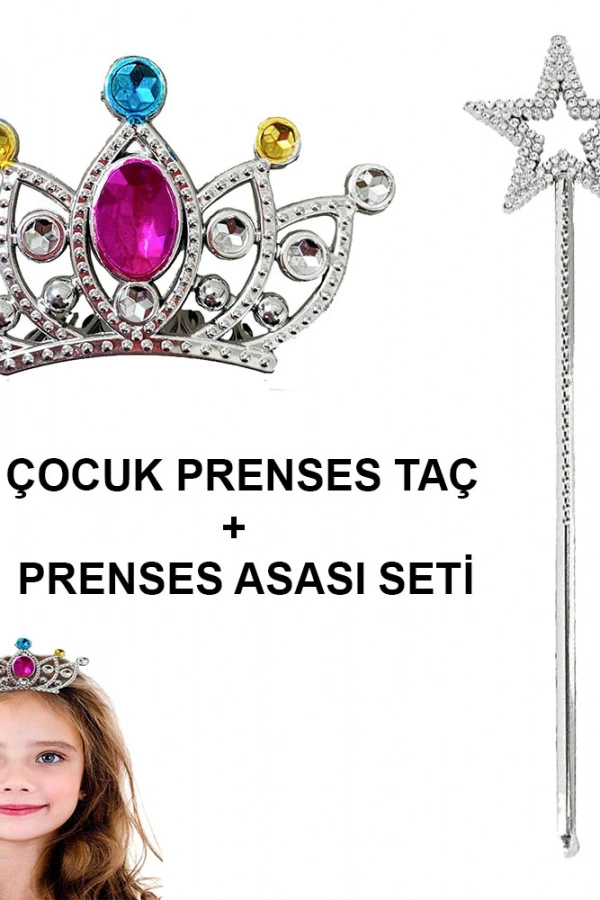 Çocuklar İçin Taraklı Prenses Tacı ve Prenses Yıldız Asa Seti Gümüş