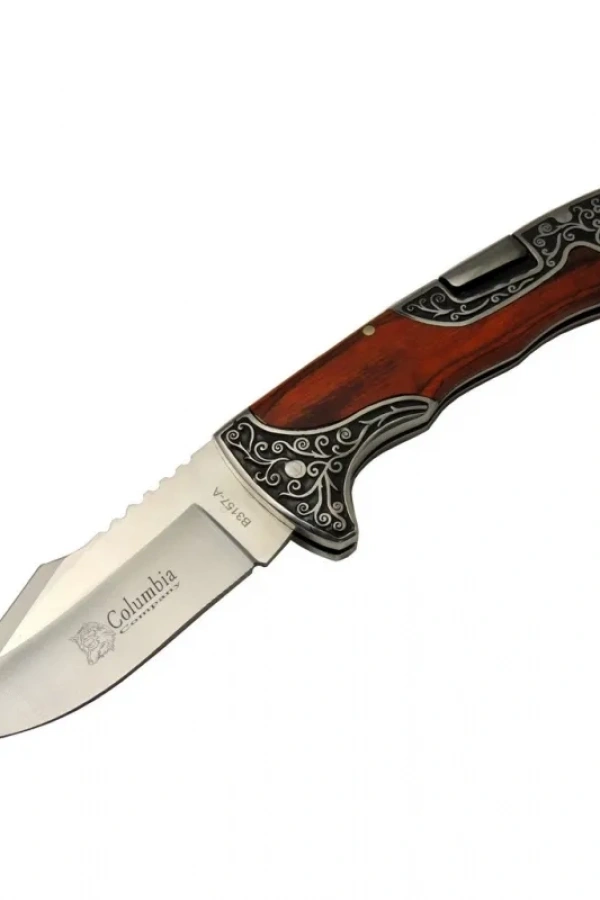 Columbia B3157A İşlemeli Kamp Çakı 22 cm - Gül Ağacı Saplı, Manuel Açılma