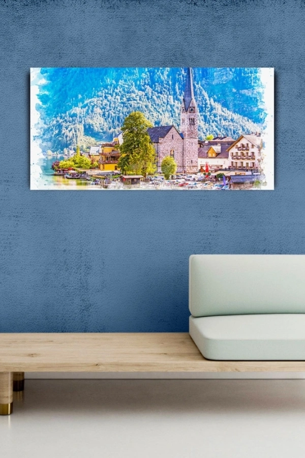 Dağ ve göl temalı Kasaba Yağlıboya Görünümlü Kanvas Tablo 60 x 120