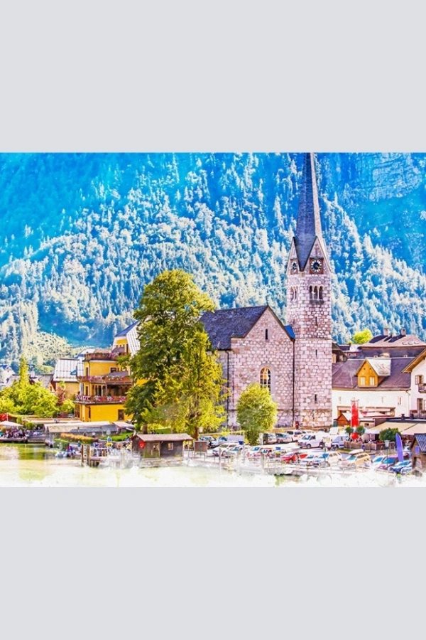 Dağ ve göl temalı Kasaba Yağlıboya Görünümlü Kanvas Tablo 60 x 120