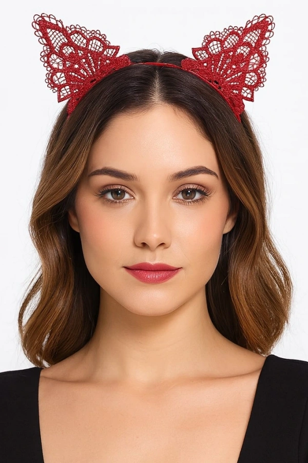 Dantelli Kırmızı Kedi Tacı - Vintage Tarz Dantel Kedi Kulak