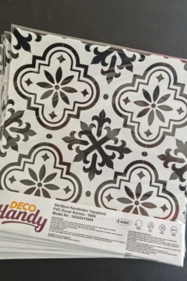 DecoHandy  Pvc Duvar Karosu 30x30cm 4lü Paket - Siyah Beyaz Çini Desen  0,36m2