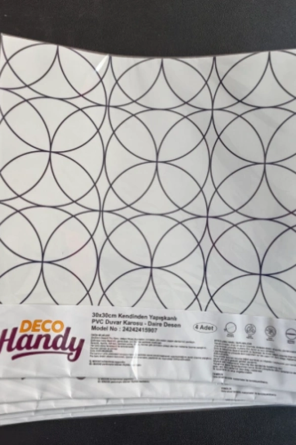 DecoHandy  Pvc Duvar Karosu 30x30cm 4lü Paket - Siyah Daire Geometrik Desen  0,36m2