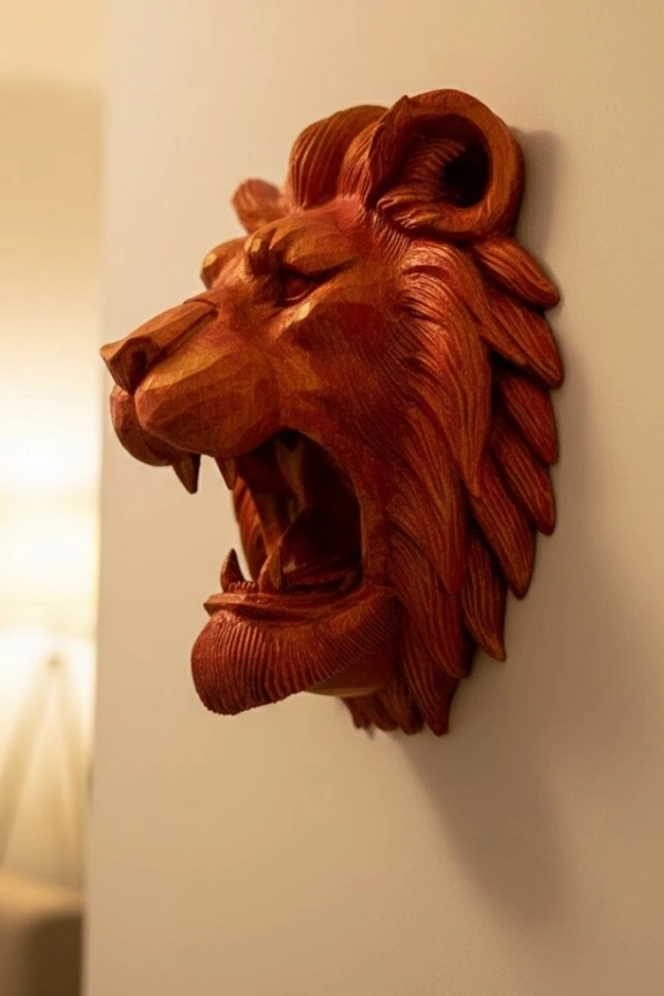 Dekoratif Asılabilir Aslan Başı 3D Duvar Heykeli Gold Red 20x21 cm