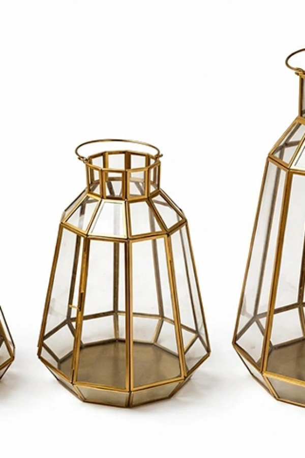 Dekoratif Gold Metal 3lü Fener Mumluk Seti