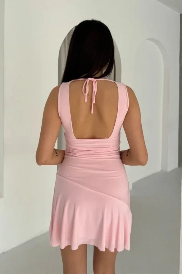 Derin V Yaka Sırt Dekolteli Mini Elbise Drapeli Şık Kolsuz - Pembe