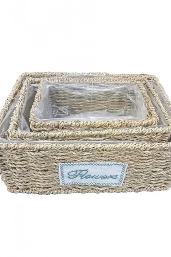 Dikdörtgen Doğal Hasır Saksı Seti - 3lü