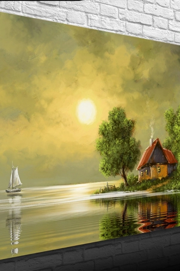 Dolunay ve Göl kenarındaki Ev Yağlıboya Kanvas Tablo 50 x 70