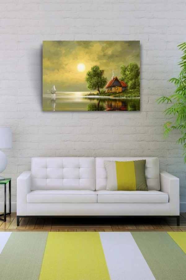 Dolunay ve Göl kenarındaki Ev Yağlıboya Kanvas Tablo 50 x 70