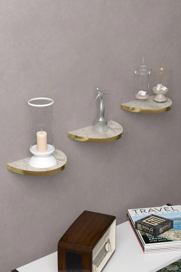 Duvar Rafı Dekoratif 3 Adet Çiçeklik Oval Altın Efes