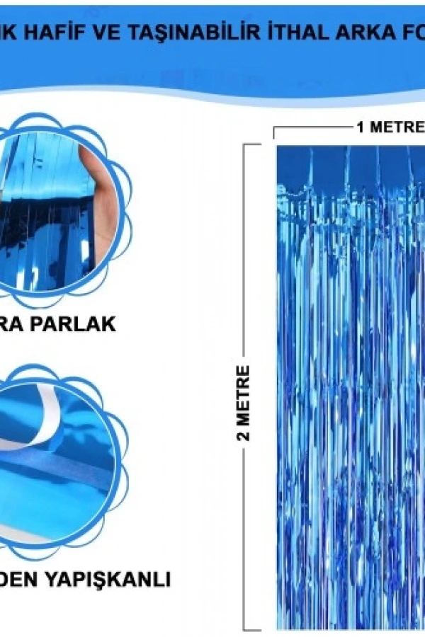 Ekstra Metalize Mavi Renk Saçaklı Arka Fon Perde 1x2 metre