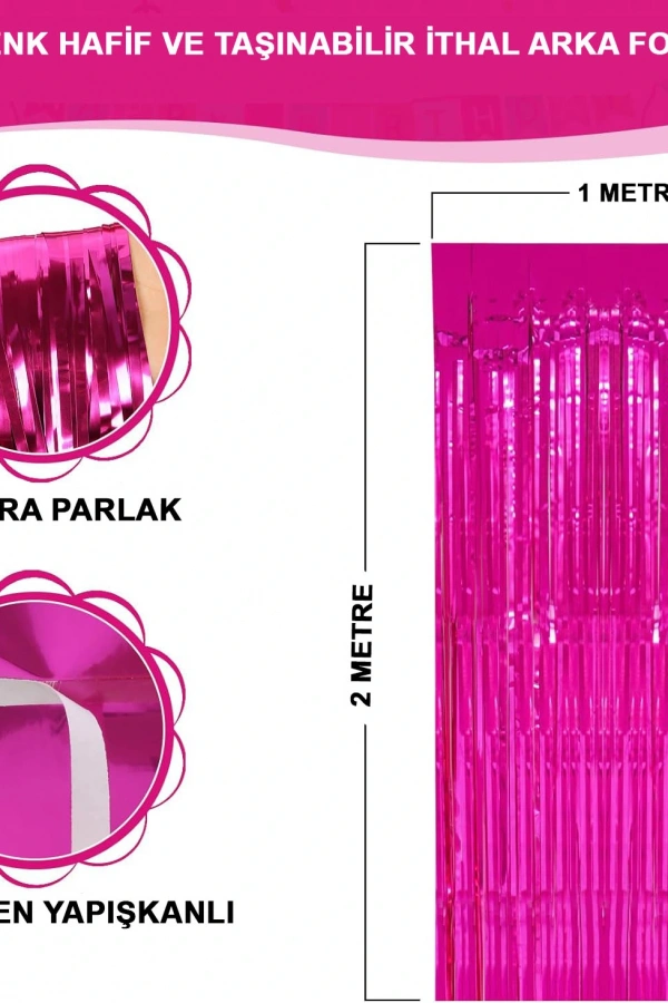 Ekstra Metalize Parlak Saçaklı Arka Fon Perde Fuşya