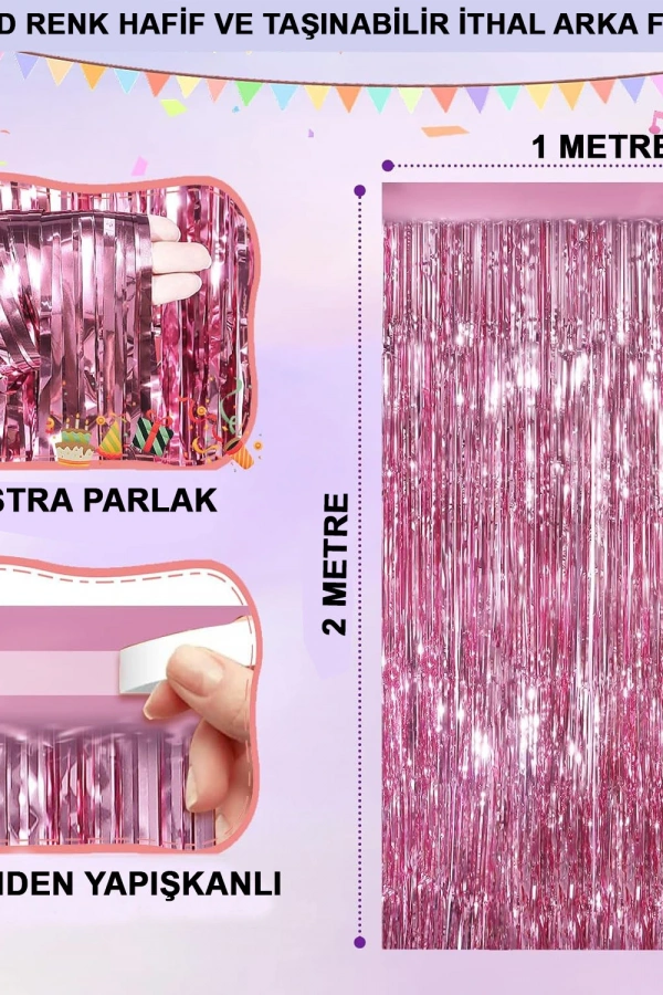 Ekstra Metalize Parlak Saçaklı Arka Fon Perde Rose Gold