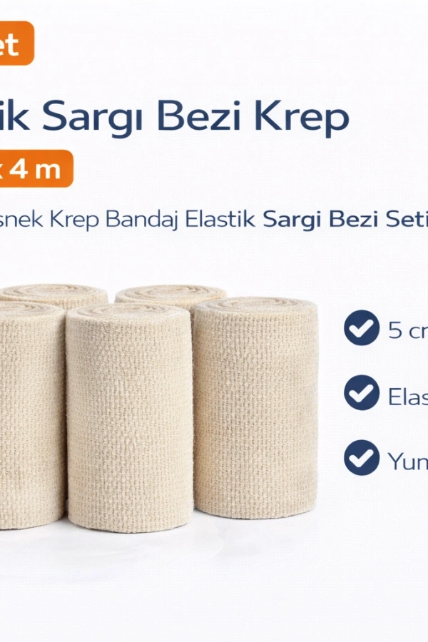 Elastik Sargı Bezi Krep 5 cm x 4 m 5 Adet Esnek Krep Bandaj Elastik Sargı Bezi Seti