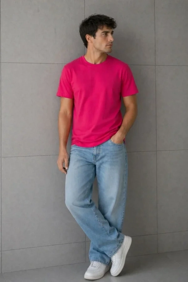 Erkek Basic Pamuklu Tişört Bisiklet Yaka Düz Renk Regular Fit T-Shirt - Fuşya
