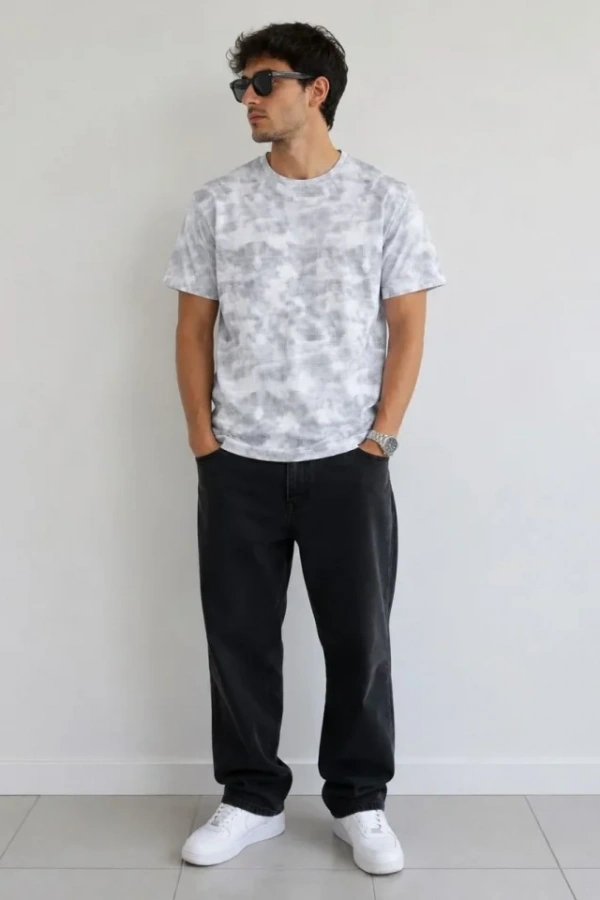 Erkek Batik Desenli Tişört Bisiklet Yaka Kısa Kol Regular Fit T-shirt - Gri