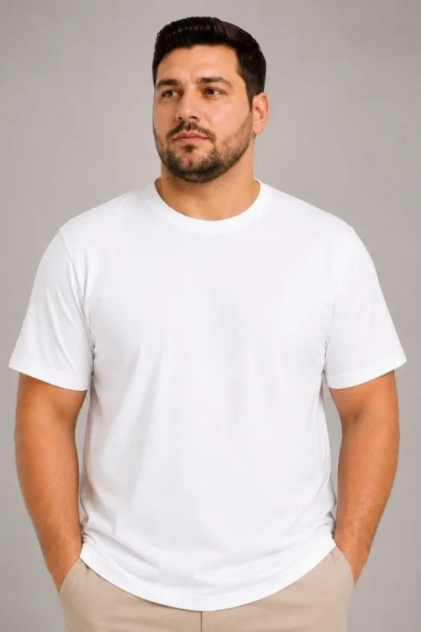 Erkek Battal Big Size Basic Tişört Bisiklet Yaka Rahat Kalıp T-Shirt - Beyaz