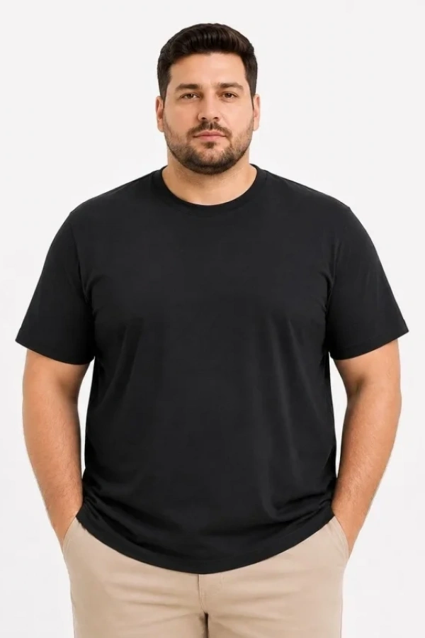 Erkek Battal Big Size Basic Tişört Bisiklet Yaka Rahat Kalıp T-Shirt - Siyah