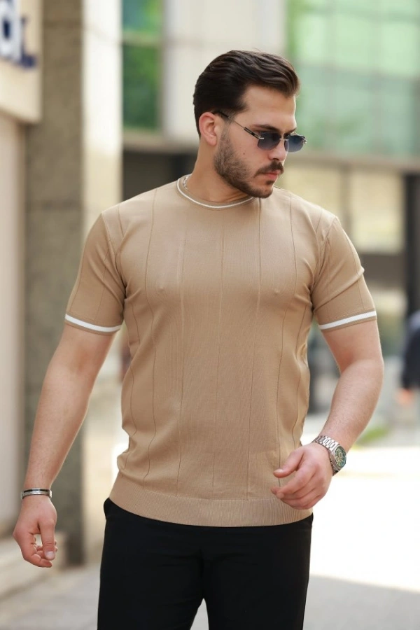 Erkek Bisiklet Yaka çizgi Desenli Ribanalı Kısa Kollu Tshirt