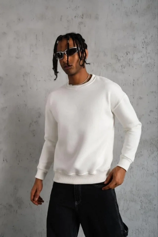 Erkek Düz Bisiklet Yaka Sweat - Beyaz