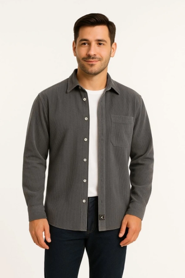 Erkek Fitilli Kadife Cepli Gömlek Oversize Rahat Kalıp - Füme