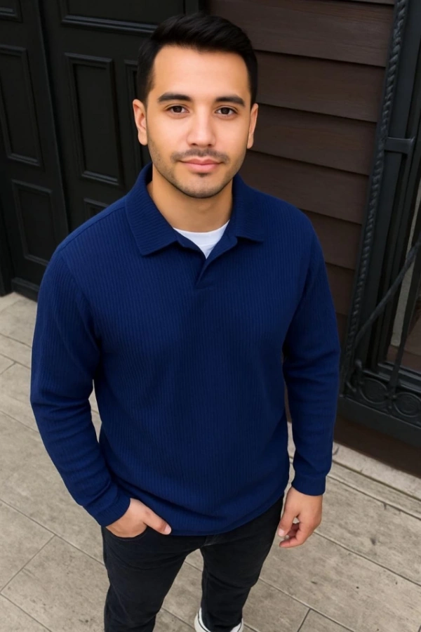 Erkek Fitilli Polar Sweatshirt – Düğmesiz Polo Yaka, Oversize Rahat Kalıp, Kalın Polar Kumaş, Kışlık Ve Baharlık Şık Günlük Üst - Lacivert