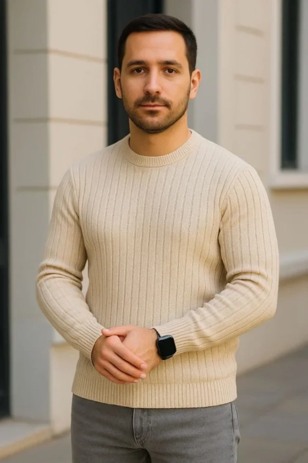 Erkek Fitilli Triko Kazak 2’li Set Bej Beyaz Kalın Dokuma Pamuklu Regular Fit Bisiklet