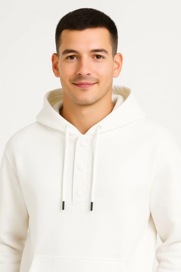 Erkek Ovarsize Kapüşonlu Swetshirt Kanguru Çepli Cıtcıtlı 3 Iplik Şardonlu Hoodie - Beyaz