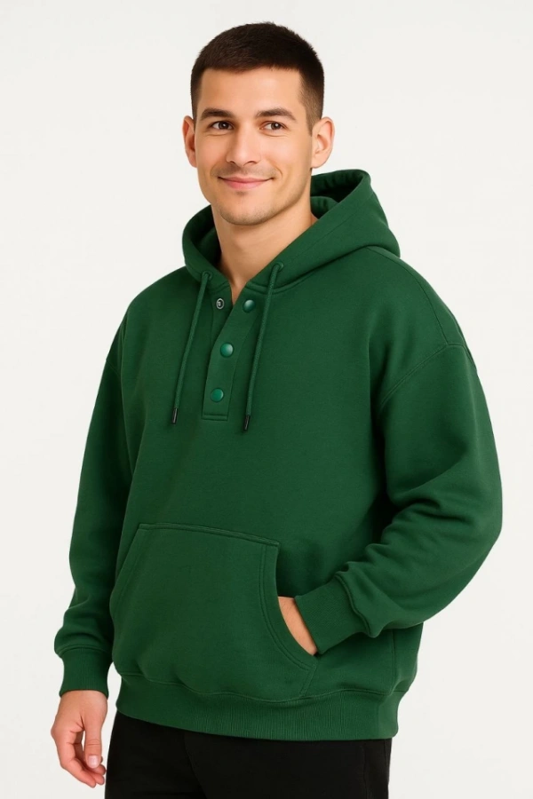 Erkek Ovarsize Kapüşonlu Swetshirt Kanguru Çepli Cıtcıtlı 3 Iplik Şardonlu Hoodie - Haki