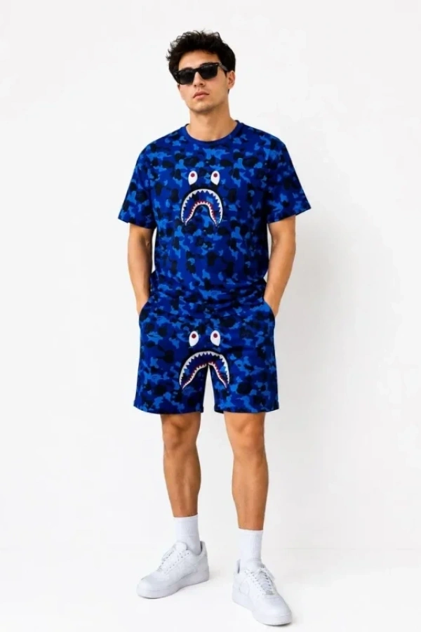 Erkek Oversize Kalıp Pubg Bape X Shark Nakışlı Cepli Şort Takım - Mavi