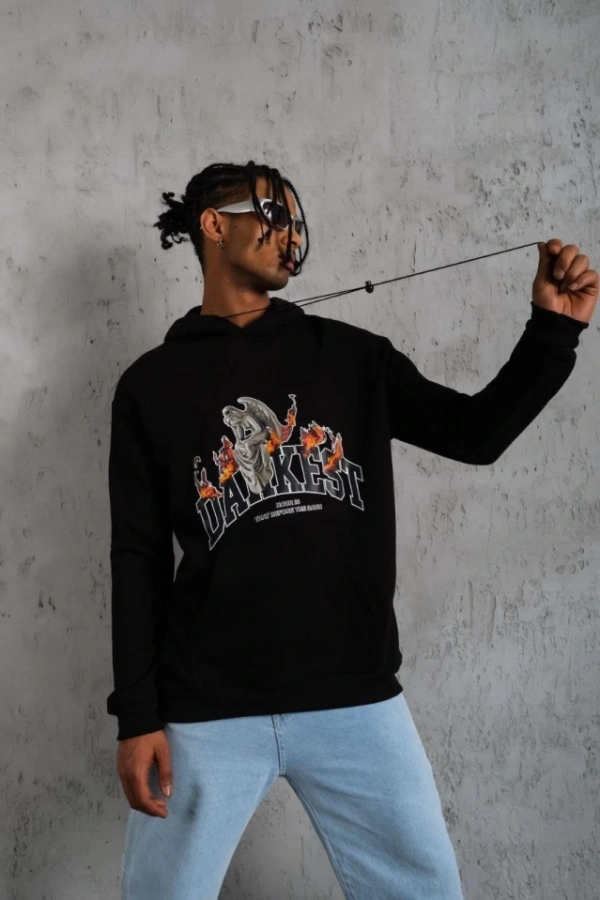 Erkek Oversize Kapüşonlu Sweatshirt – Siyah Renk Üç İplik İçi Pamuklu Kanguru Cepli Baskılı Hoodie Rahat Kalıp Kışlık Günlük Kombinlere Uygun - Siyah