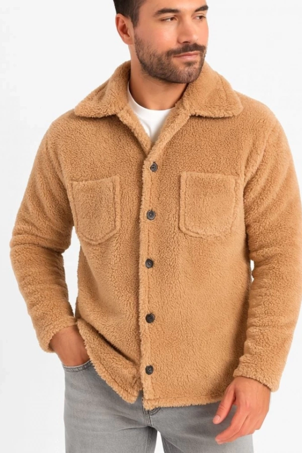 Erkek Pelüş Polar Hırka Gömlek – Yakalı, İlik Düğmeli, Göğüs Cepli, Yumuşak Dokulu Kışlık Regular Fit Rahat Günlük Model - Açık Kahve