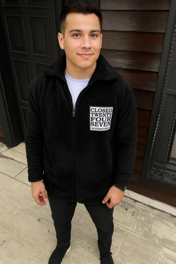 Erkek Polar Fermuarlı Sweatshirt – Kapüşonsuz, Cepli, Yumuşak Dokulu, Oversize Rahat Kalıp, Kışlık Sıcak Tutan Fermuarlı Üst - Siyah