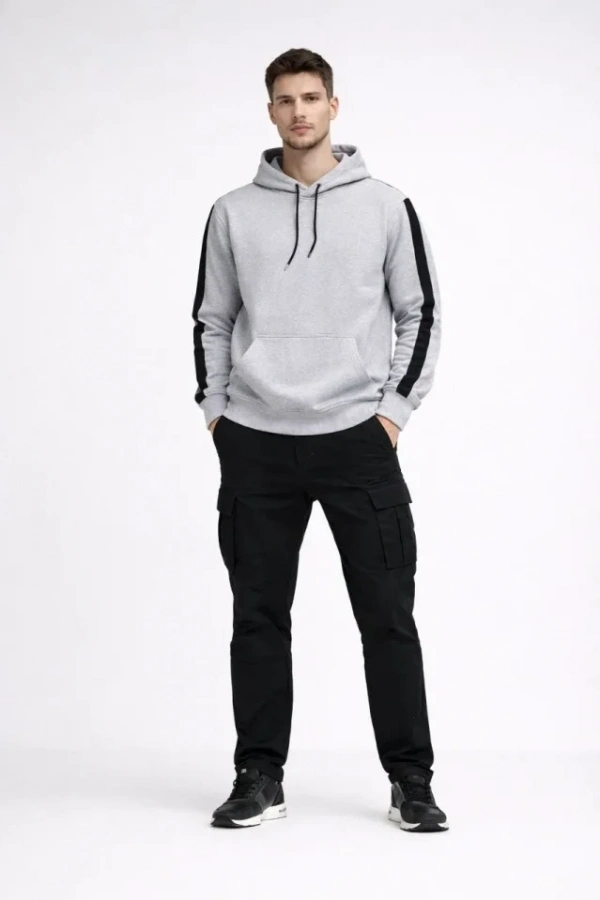 Erkek Şeritli Kapüşonlu Sweatshirt Oversize 3 Iplik Pamuklu - Beyaz