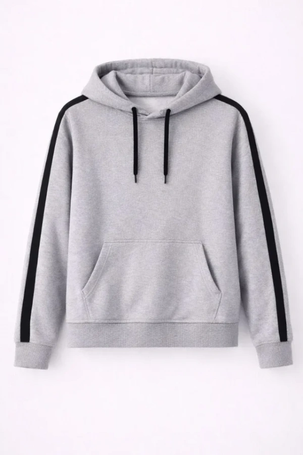 Erkek Şeritli Kapüşonlu Sweatshirt Oversize 3 Iplik Pamuklu - Gri