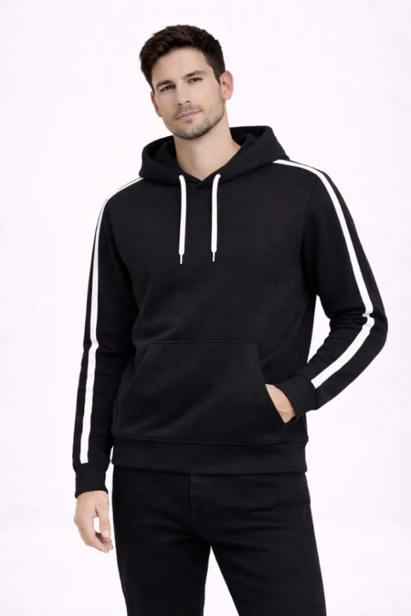 Erkek Şeritli Kapüşonlu Sweatshirt Oversize 3 Iplik Pamuklu - Siyah