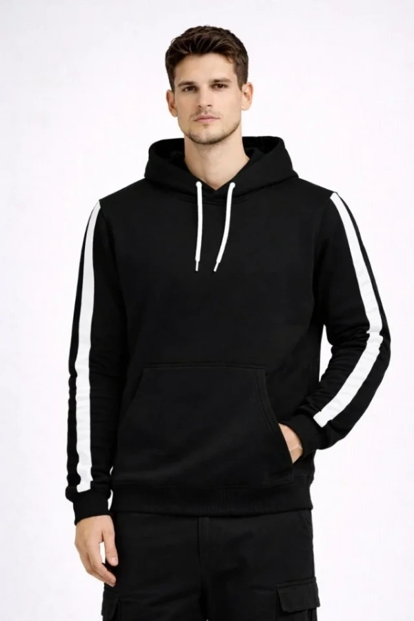 Erkek Şeritli Kapüşonlu Sweatshirt Oversize 3 Iplik Pamuklu - Siyah