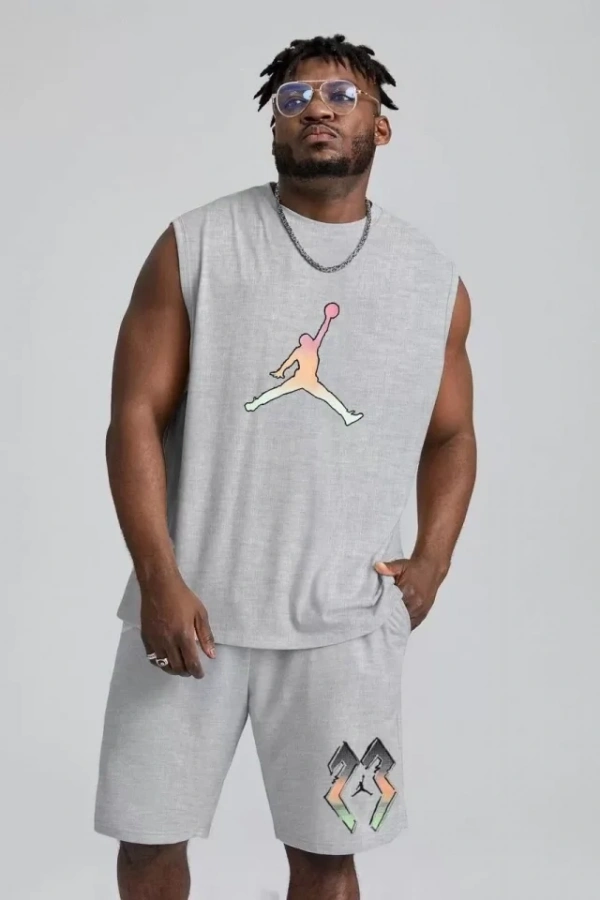 Erkek Sırt Baskılı Sıfır Kol İkili Şort Takım - Gri