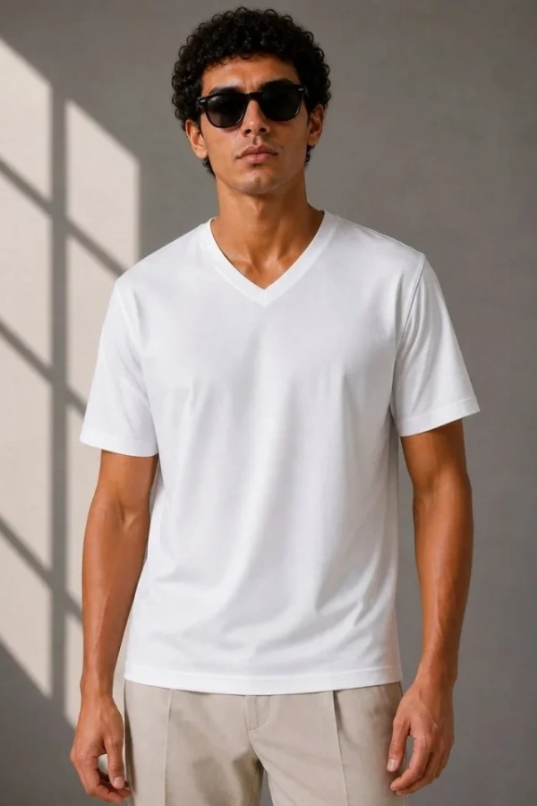 Erkek V Yaka Basic Tişört Kısa Kol Yazlık Regular Fit T-Shirt - Beyaz