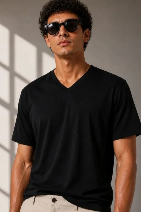 Erkek V Yaka Basic Tişört Kısa Kol Yazlık Regular Fit T-Shirt - Siyah