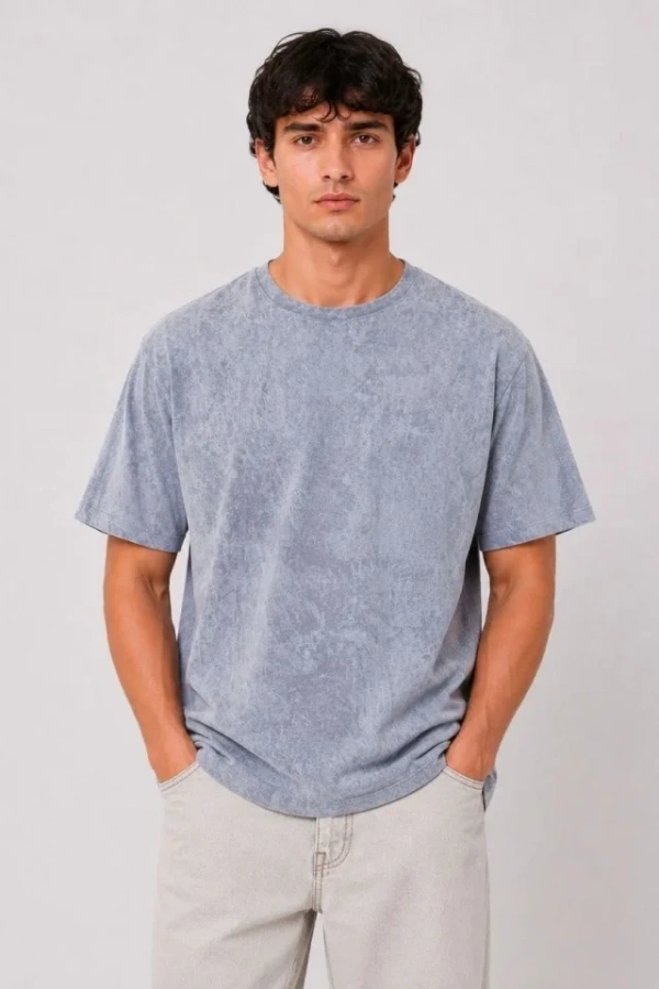 Erkek Yıkamalı Washed Effect Tişört Bisiklet Yaka Sokak Stil Kısa Kol T-Shirt - Gri