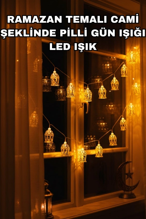 Ev Dekoru İçin Ramazan LED Işık Pilli Sıcak Sarı Cami Figürlü