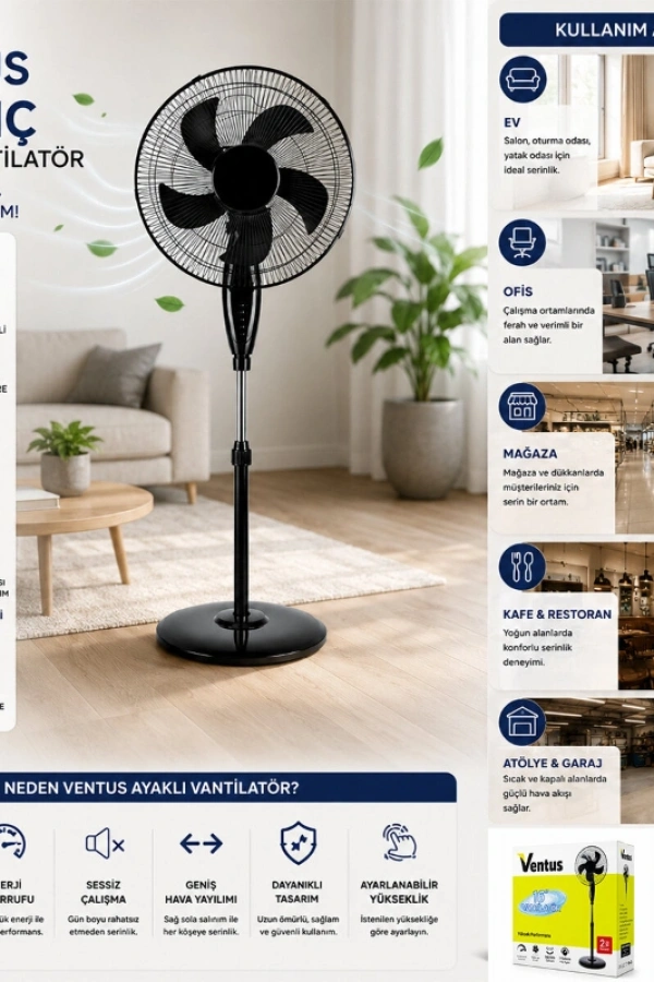 Ev Tipi Ayaklı Vantilatör - 16 İnç 5 Pervaneli - 45W Performans