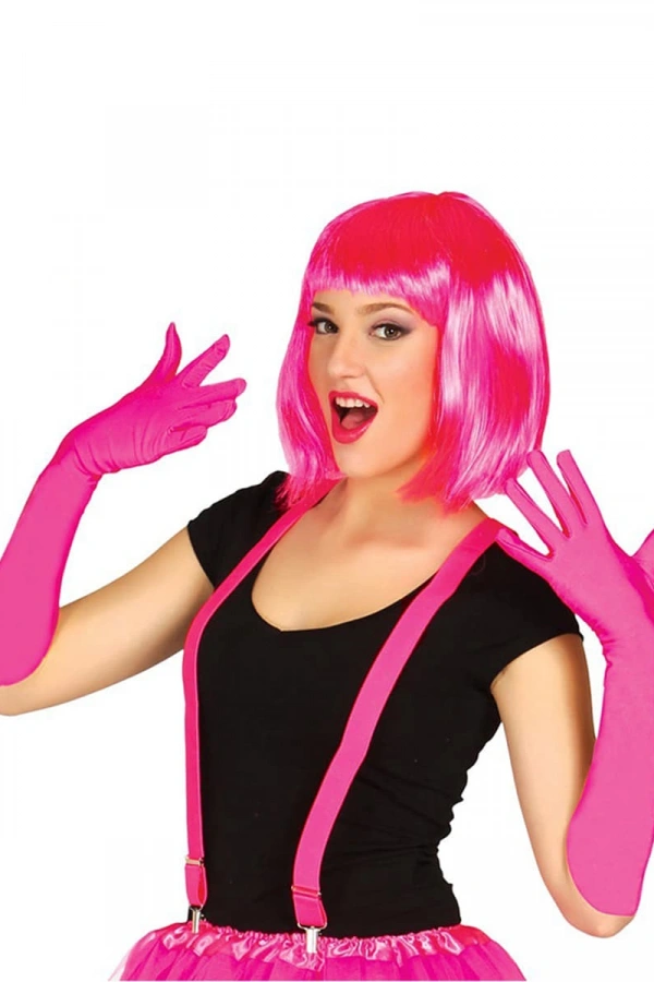 Fuşya Renk Saten Uzun Eldiven ve Küt Parti Peruğu