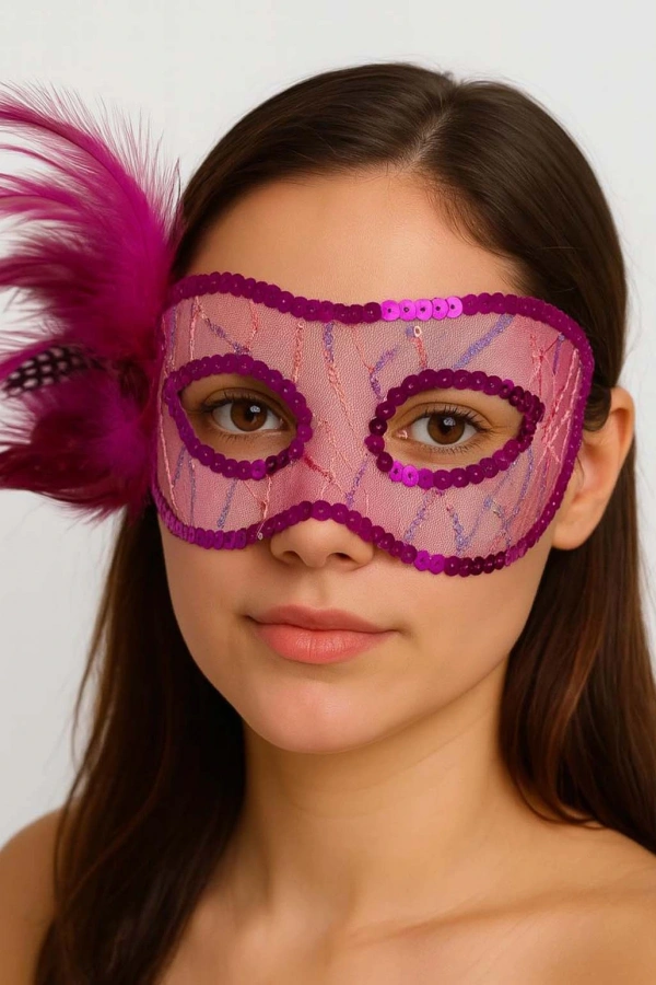 Fuşya Renk Yandan Tüylü Pul Payet İşlemeli Parti Maskesi 23x12 cm
