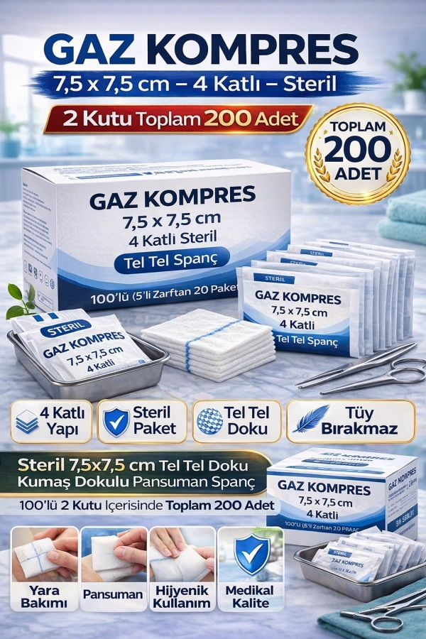Gaz Kompres 7,5x7,5 cm 4 Katlı Steril 200 Adet Tel Tel Spanç Pansuman Bezi (2KUTU)
