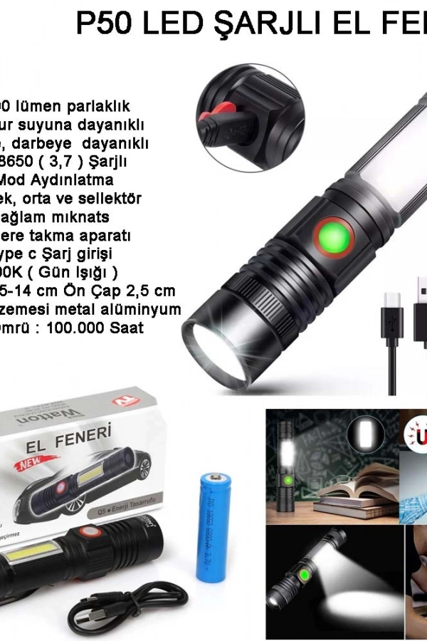 Geniş Açılı P50 Led Şarjlı EL Feneri Wt-601