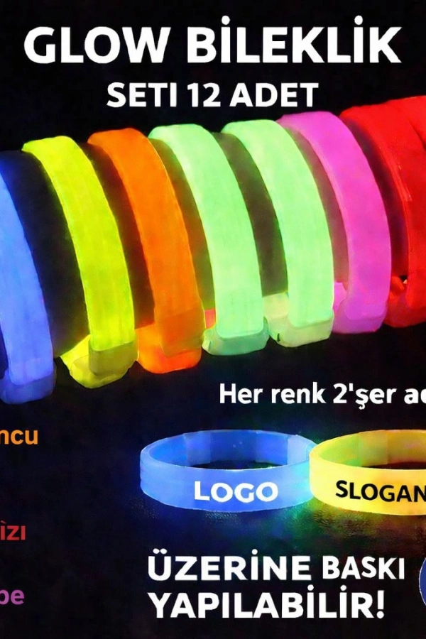 Glow Kalın Bileklik 12’li Set | Baskıya Uygun Renkli Model