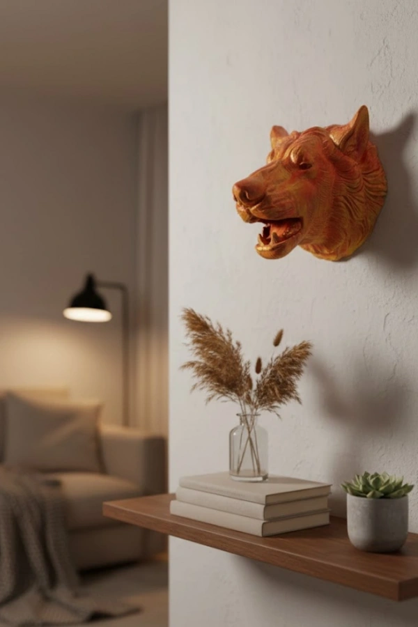 Gold Renk 3D Kurt Başı Duvar Dekoru