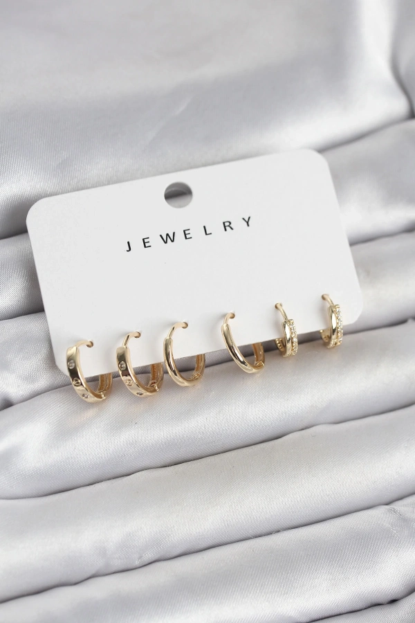 Gold Renk Pirinç 3 Çift Kadın Küpe Seti